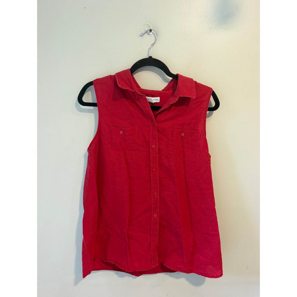 Kim Rogers Womens Red Sleeveless Linen Cotton Button Down Shirt Top Size M 2675